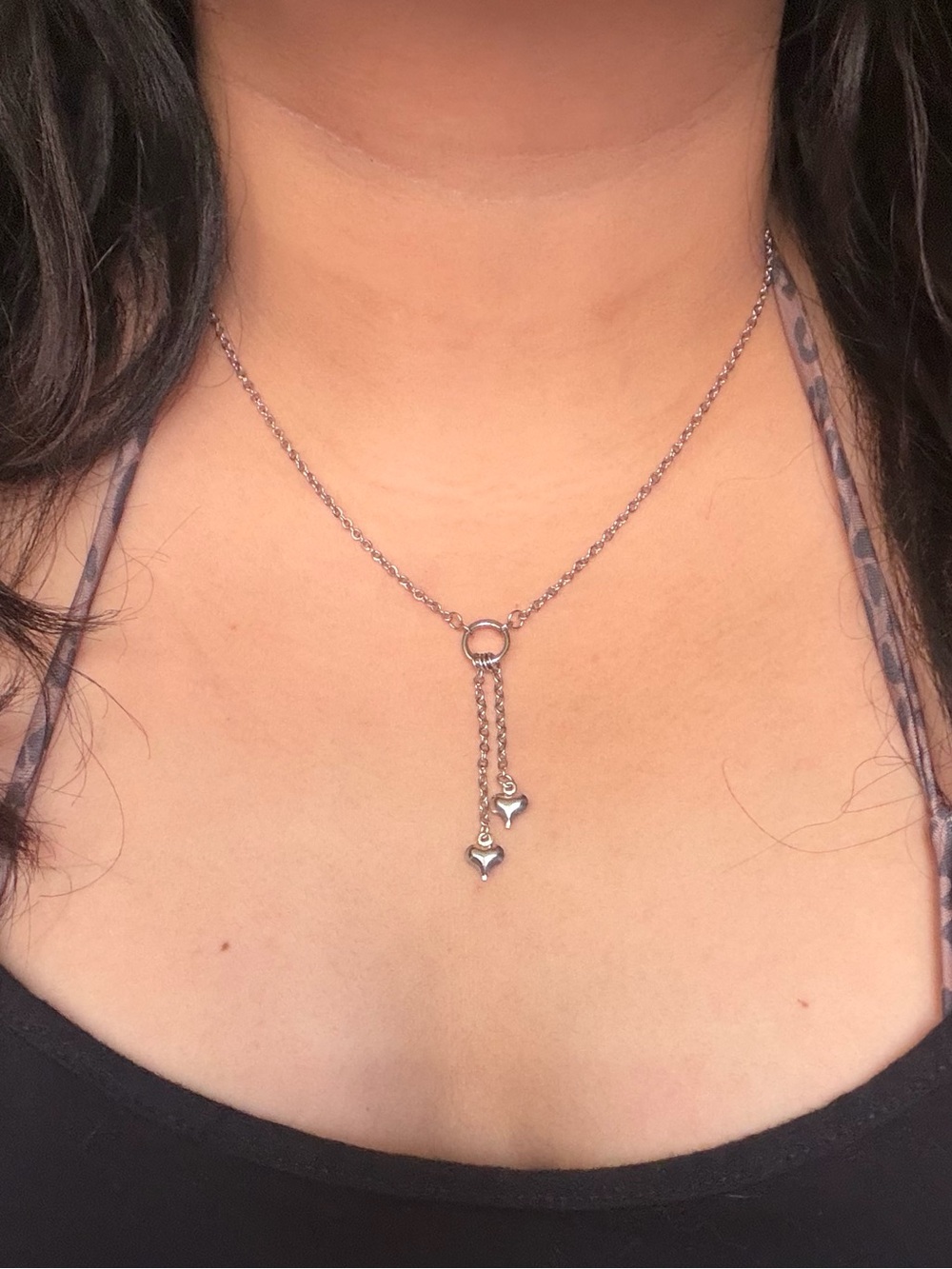Double Heart Drop Charm Necklace in Silver